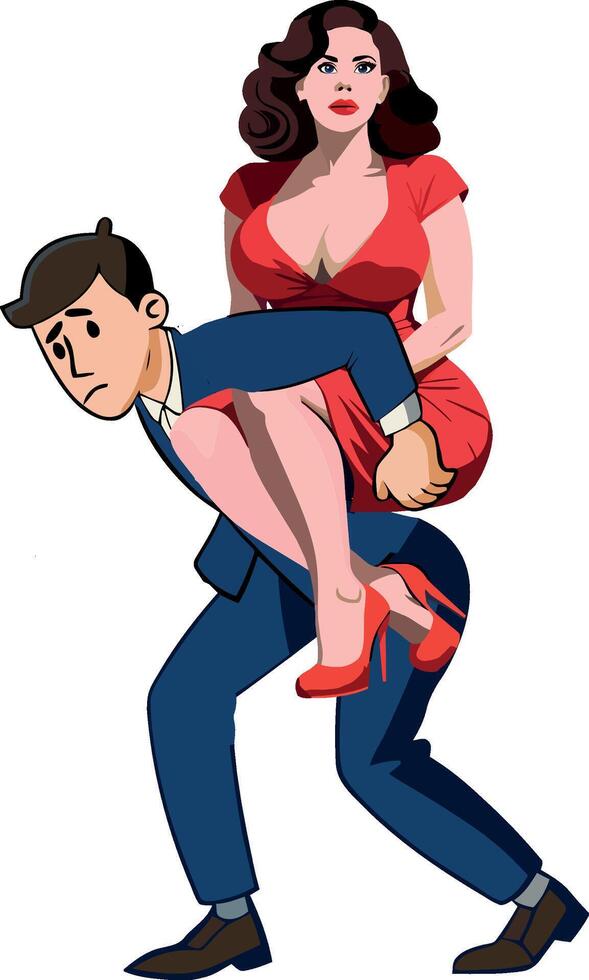 Cartoon woman carrying man in red dress vector