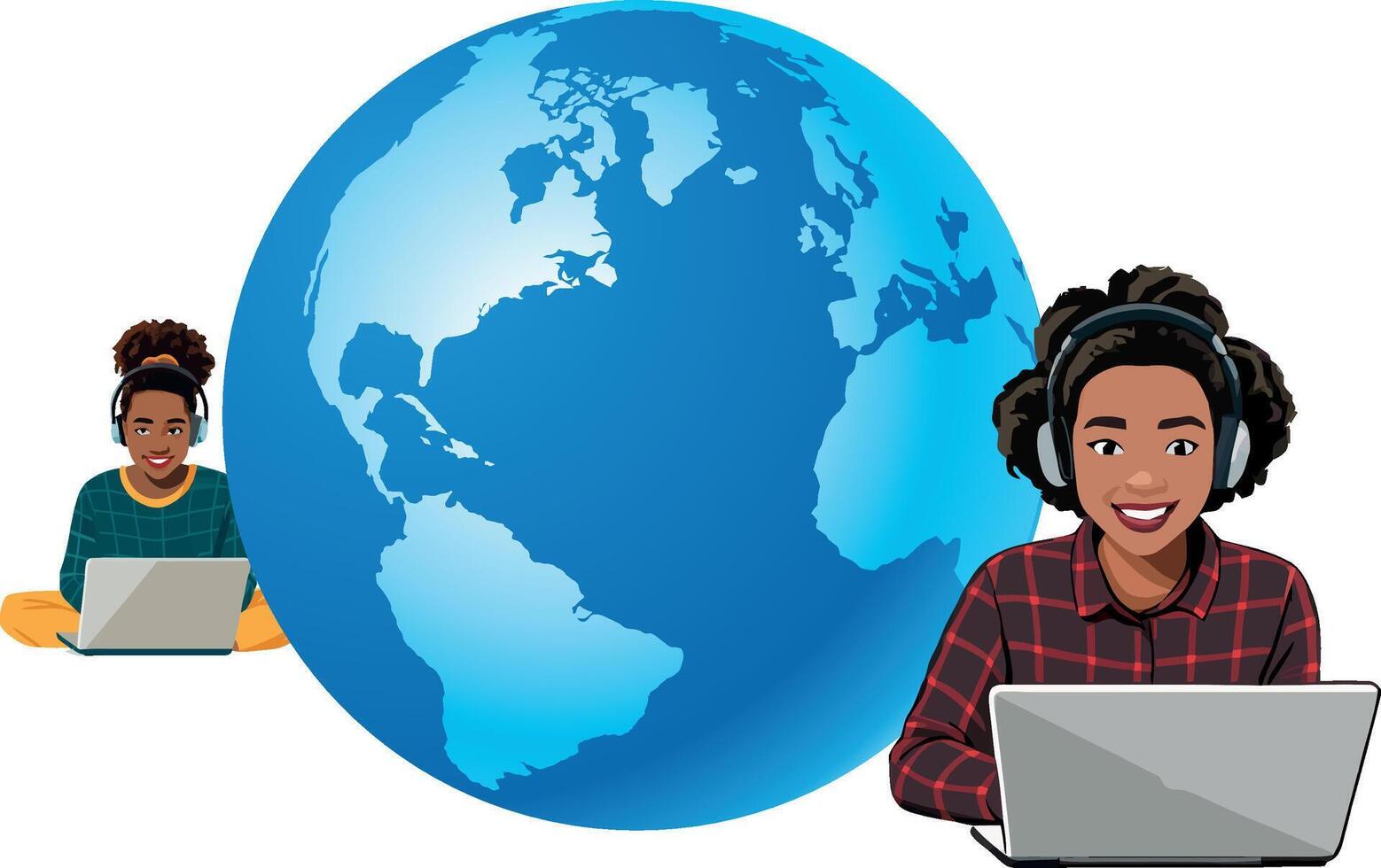 Two women with headphones sitting on the floor with laptops vector
