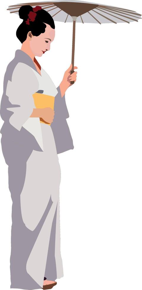 A woman in a geisha costume holding an umbrella vector