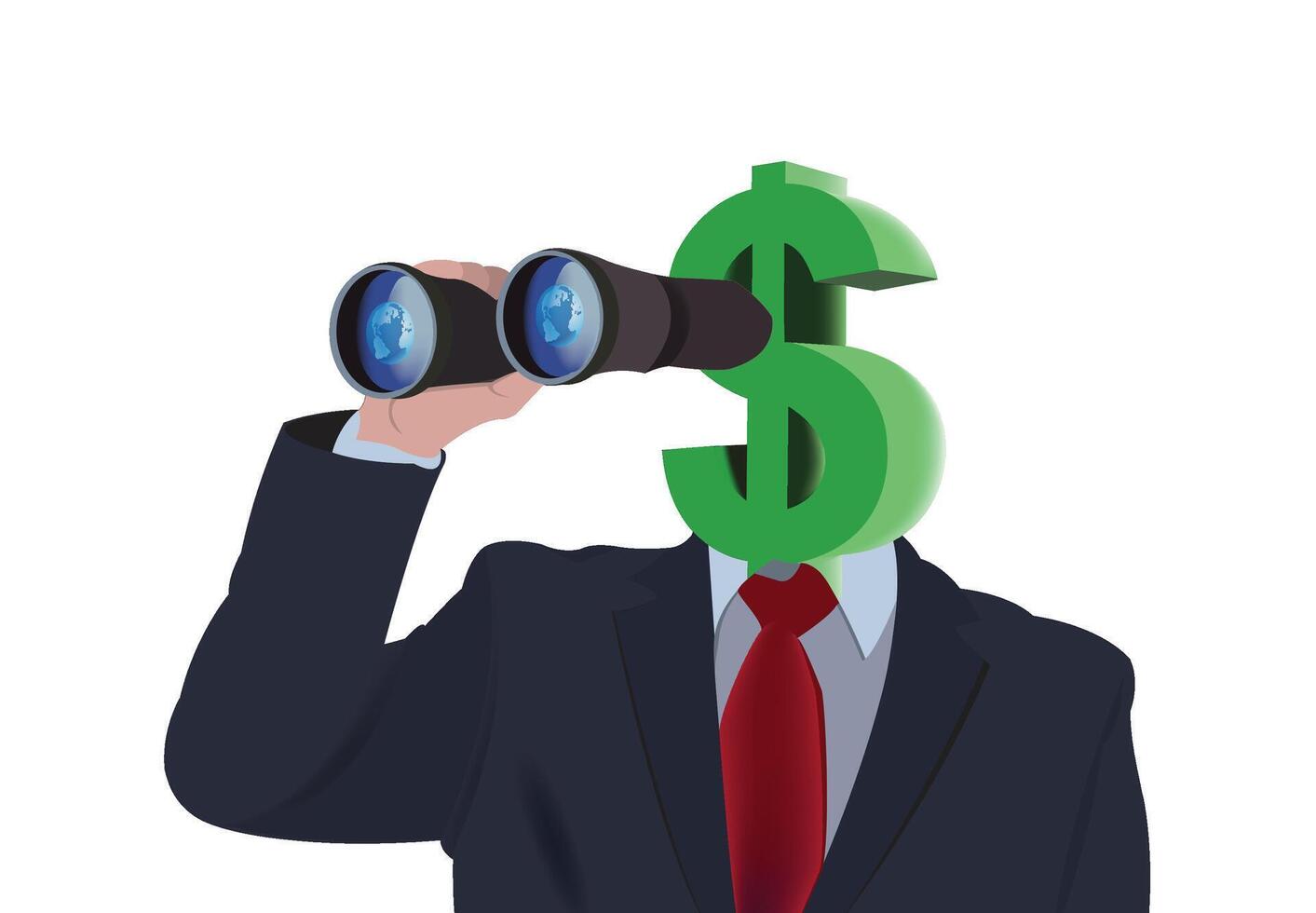 Businessman with dollar sign on his head looking through binoculars illustration vector