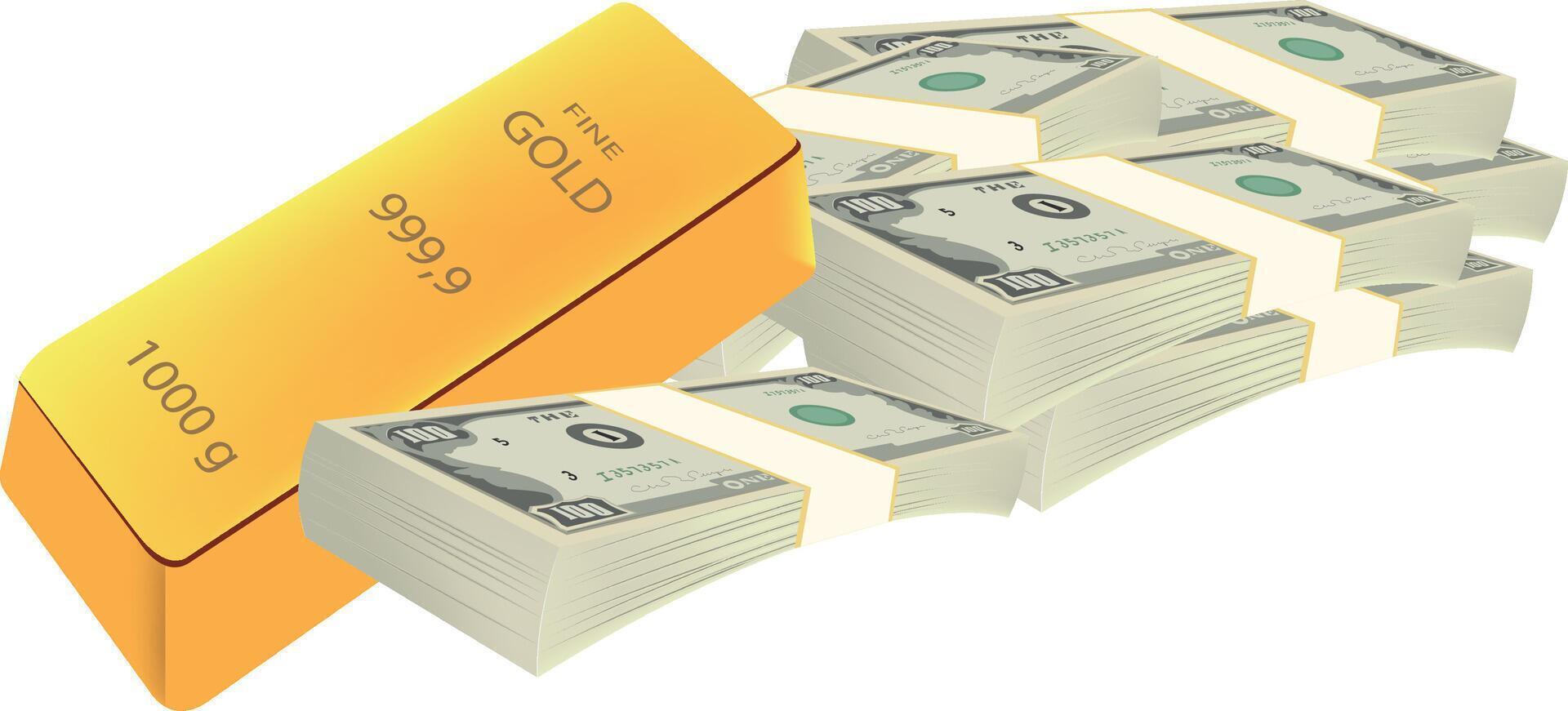 Gold bar and stacks of cash vector