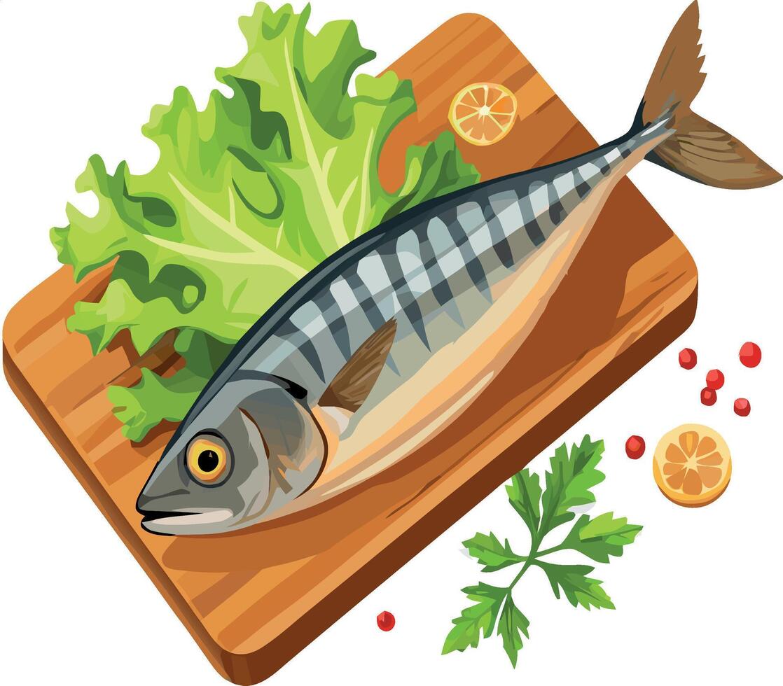 Fish on a cutting board with lettuce and herbs vector
