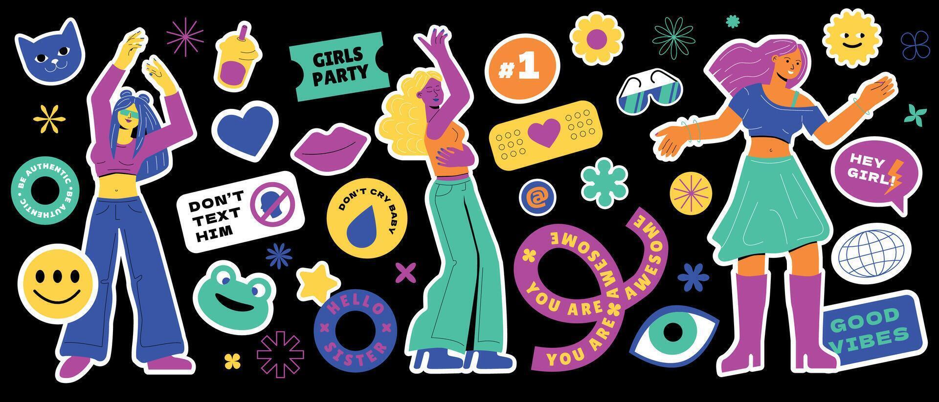A collection of various patches for a girly party, dancing teenagers, bright stickers of different shapes with inscriptions. vector