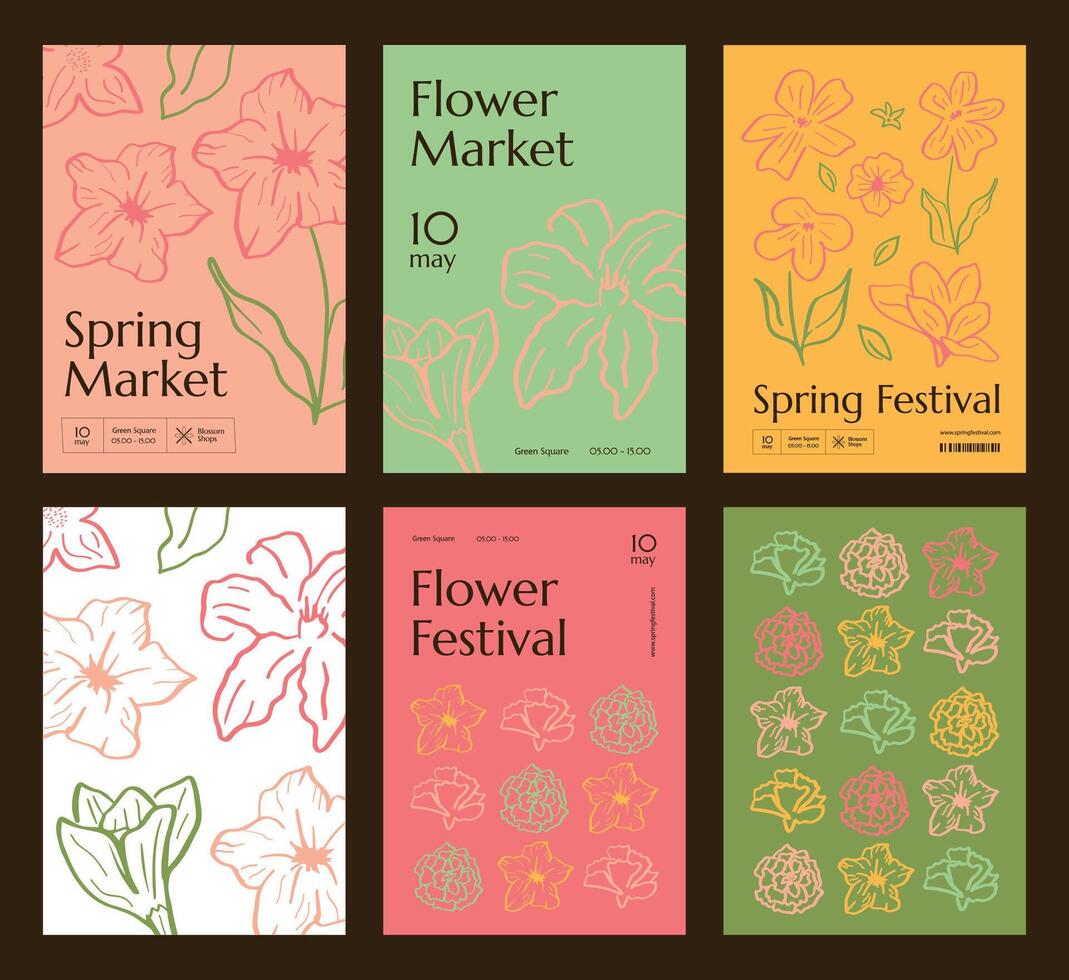 A collection of various minimalistic posters with hand-drawn flowers in pastel tones for the spring market. vector