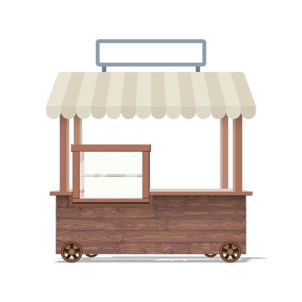 Wooden street shop cart mock up isolated with window display and blank signboard graphic illustration. Small business and street food concept. vector