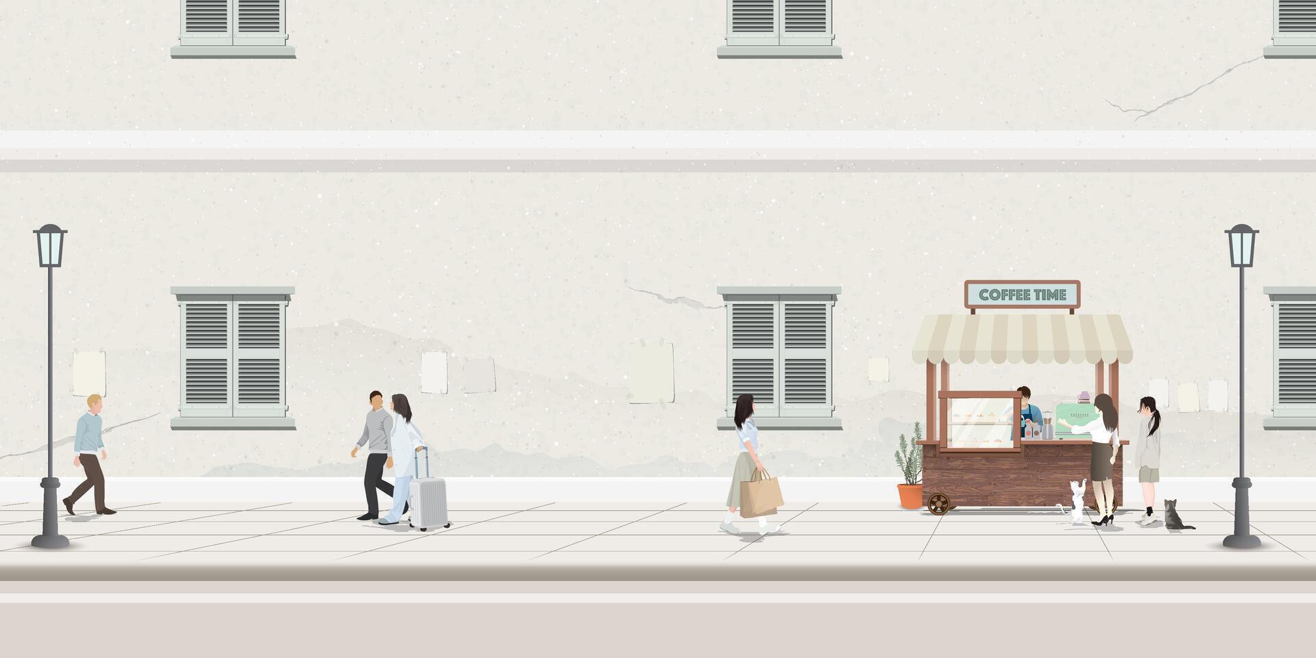 Old town landscape side view have coffee cart and many people on sidewalk graphic illustration. vector