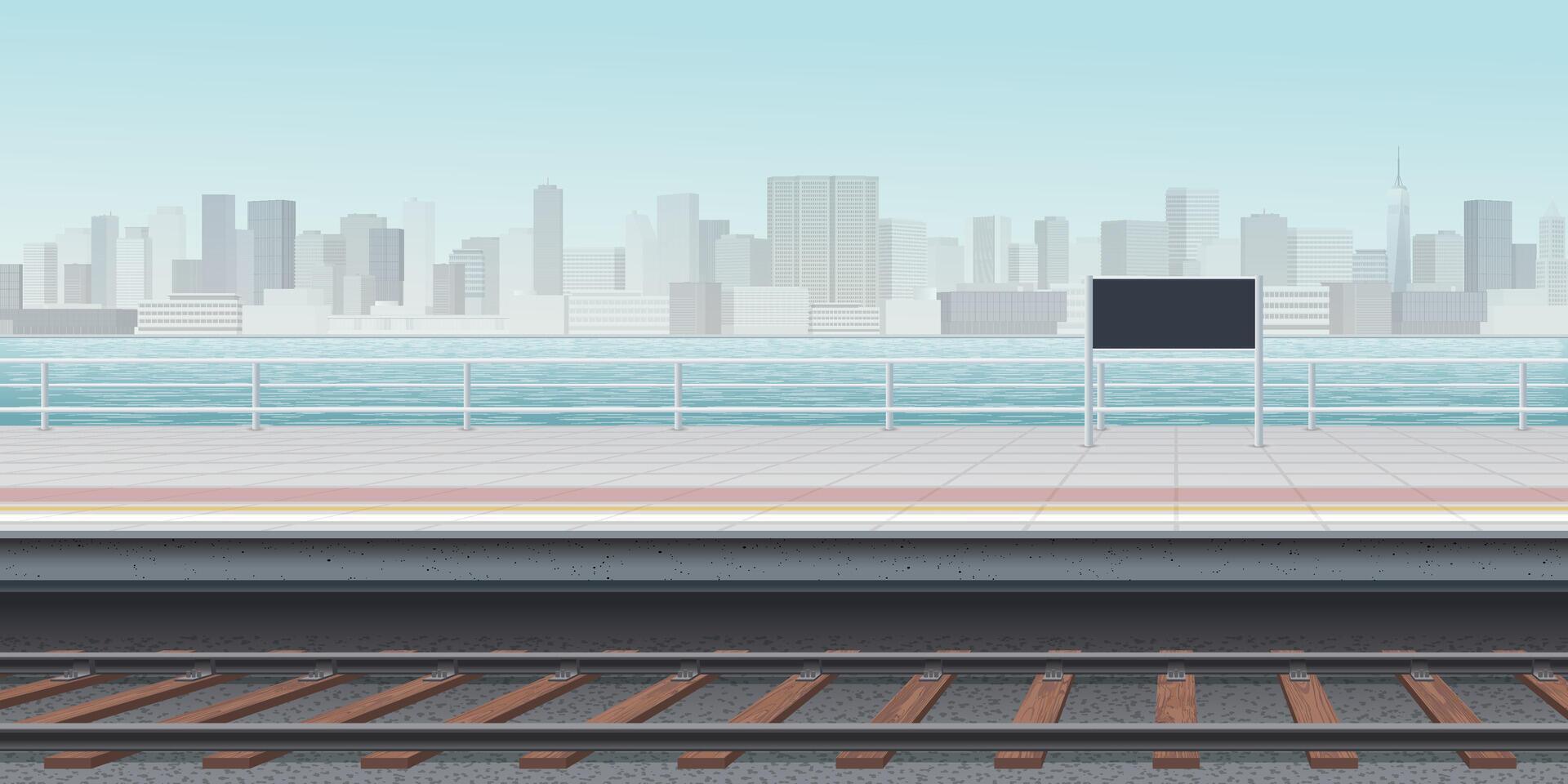 The platform of the riverside train station have skyscrapers located opposite the river bank graphic illustration. vector