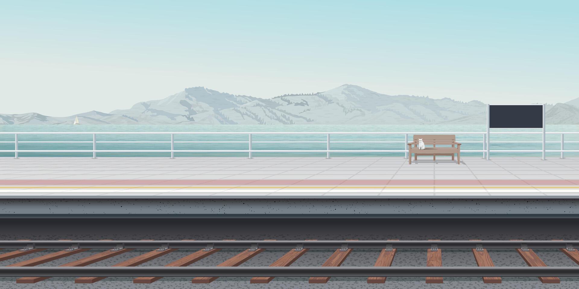The platform of the seaside train station with a cat sitting on a bench have mountain ranges and blue sky background graphic illustration. vector