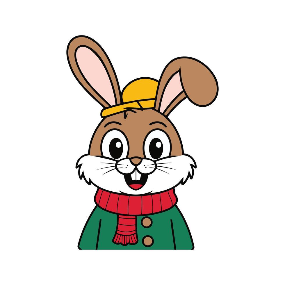 Cheerful Cartoon Rabbit in Winter Gear wearing a yellow hat, red scarf, and green jacket illustration vector