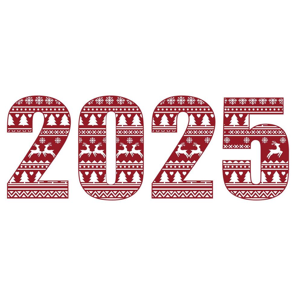 The number 2025 with a Scandinavian pattern. Christmas ornament with reindeer and snowflakes in the traditional Scandinavian style in red on a white background. vector