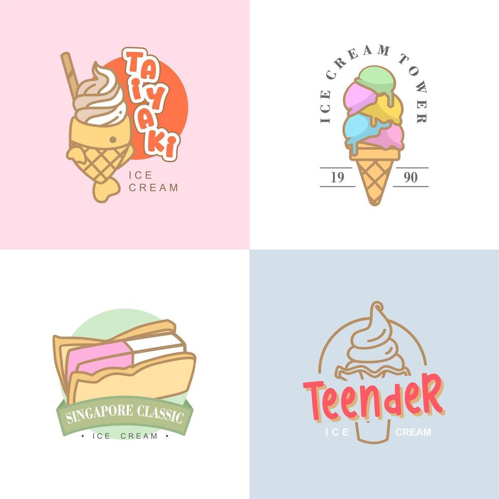 hand drawn of ice cream cone and taiyaki ice cream logo branding vector