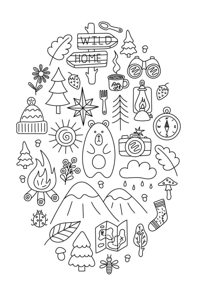 Camping and Travel Doodle Illustration Set. oval shape Hand drawn. For design of patterns, cards, print and souvenirs. illustration. vector