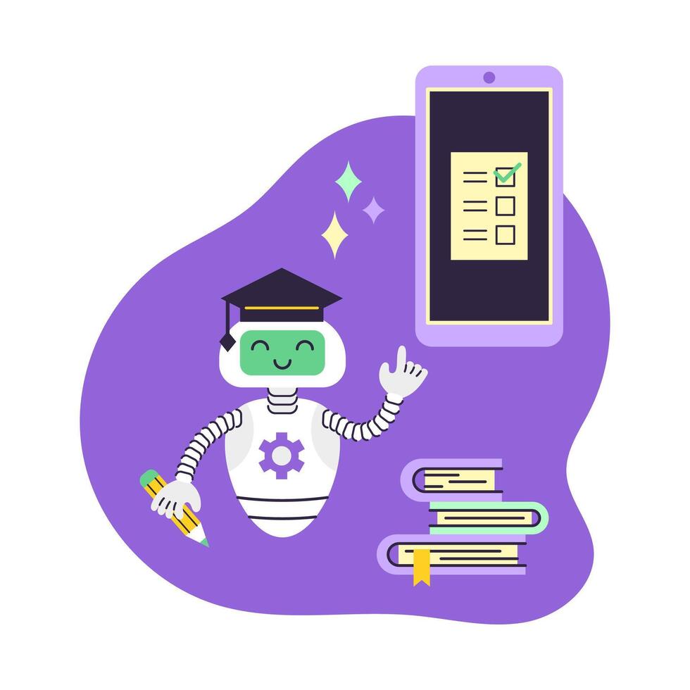 AI Robot assistant points at smartphone. There is a stack of books nearby. Distance education concept. Artificial Intelligence Virtual Assistant. Isolated illustration. vector