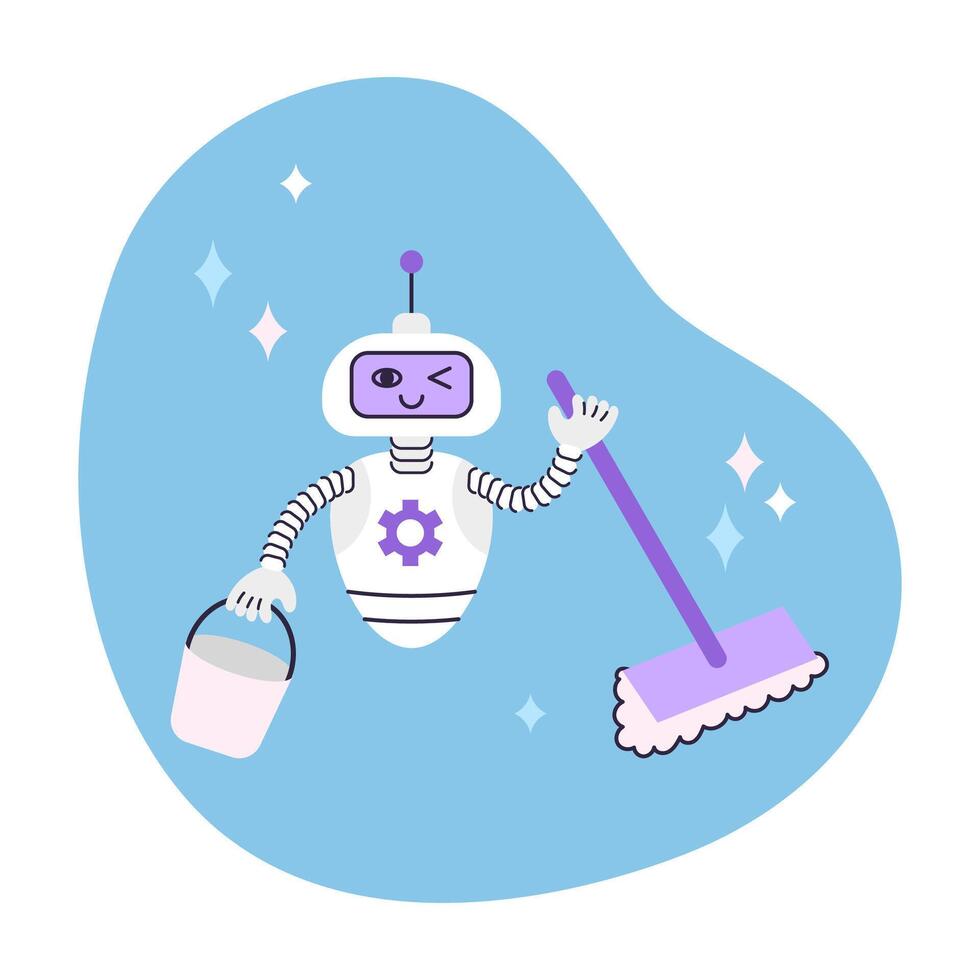 Cute Robot holds bucket and mop. Artificial intelligence robot assistant. Cleaning and smart home concept. Isolated illustration. vector