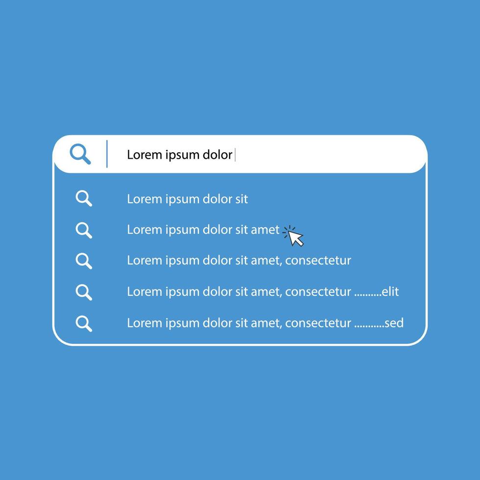 Search bar with suggestions and pop up list search results. Search form template for websites and ui interface. Search address and navigation bar icon. vector