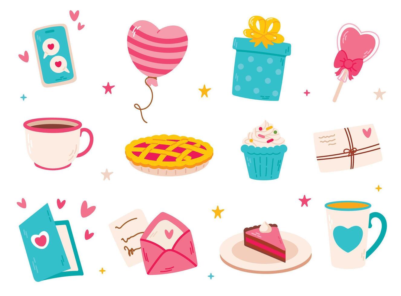 Valentines day elements set collection with gifts, hearts, cakes, and balloon. vector