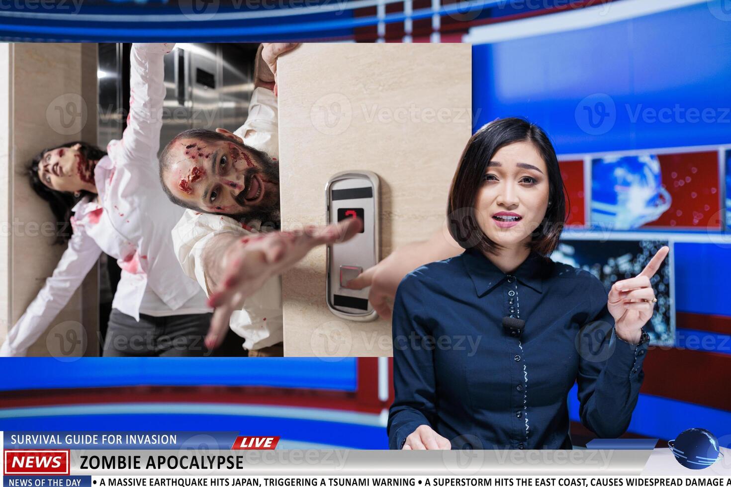 News reports about zombie attack. Media presenter talking about scary dangerous virus spreading around the population, infecting citizens and frightening the world. Breaking news. photo