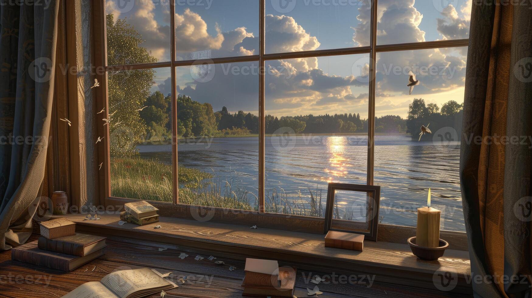 A window with a view of a lake and trees photo