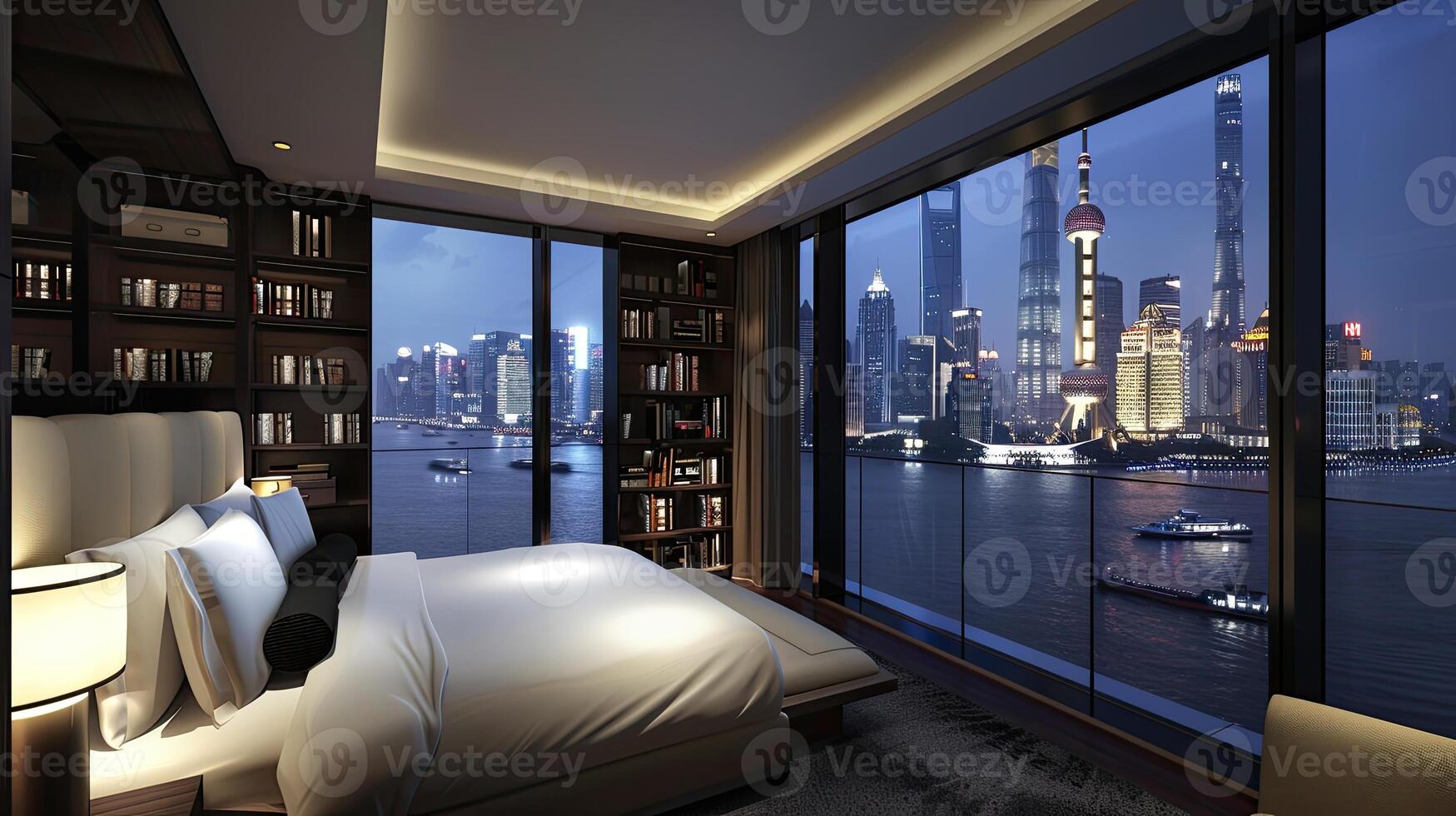 A bedroom with a view of a city skyline photo