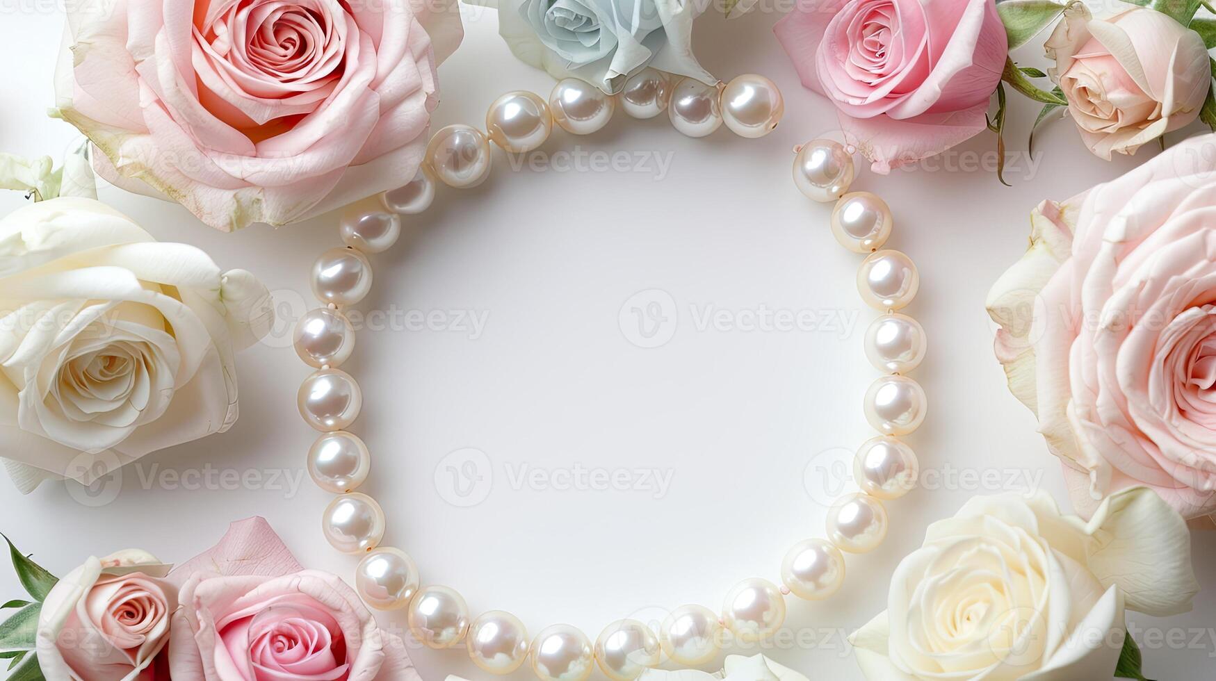 A circle of white and pink roses surrounded by pearls photo