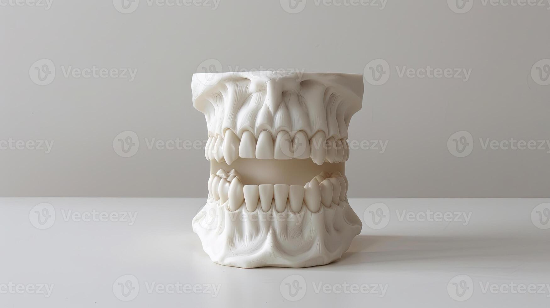 A white skull with teeth on a table photo