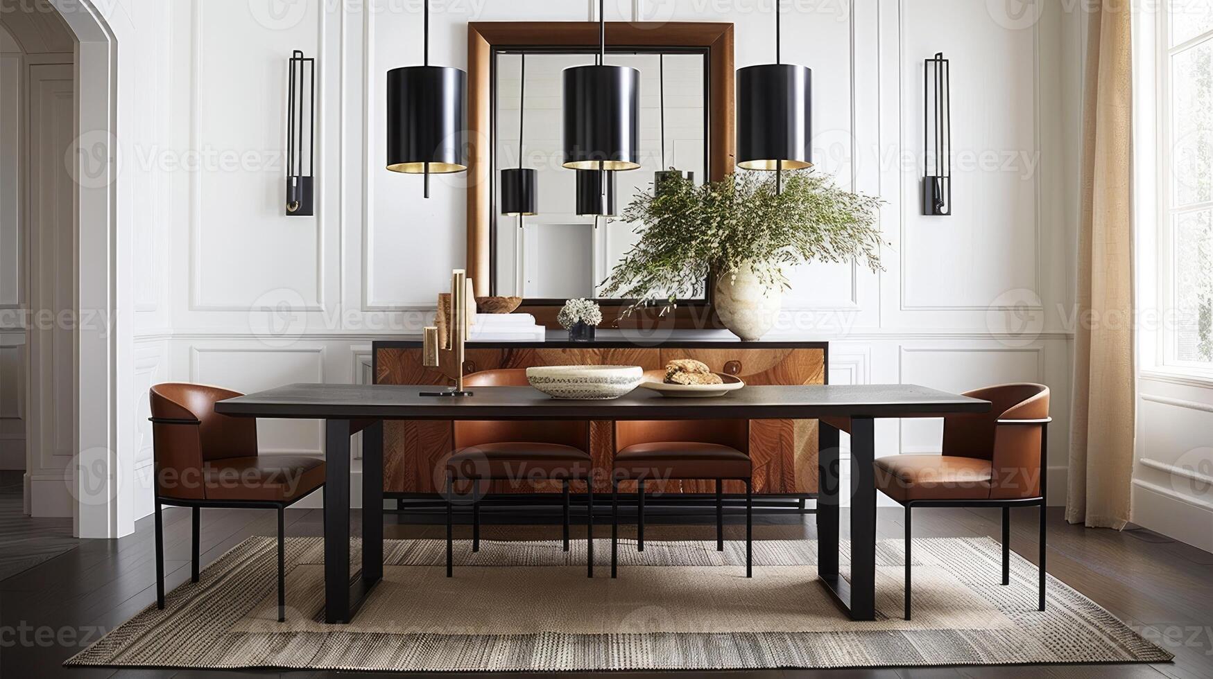 A modern dining room with a black table and chairs photo