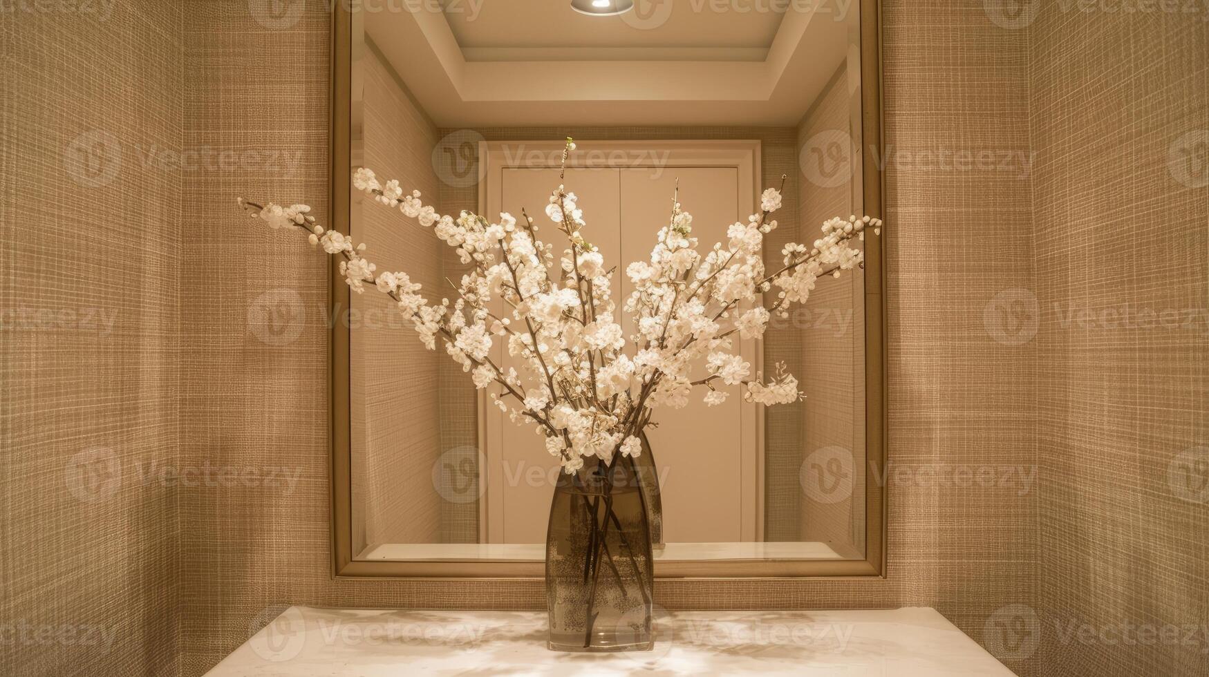 A vase with flowers in it is in front of a mirror photo