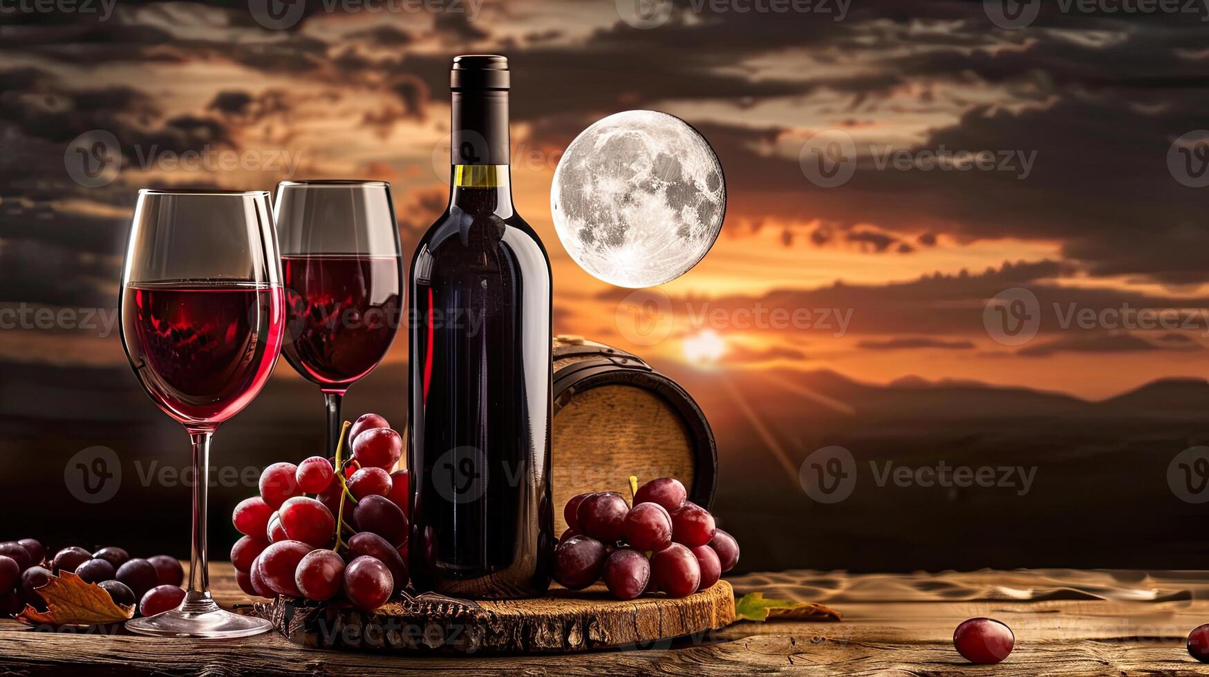 Wine and grapes on a table with a full moon photo