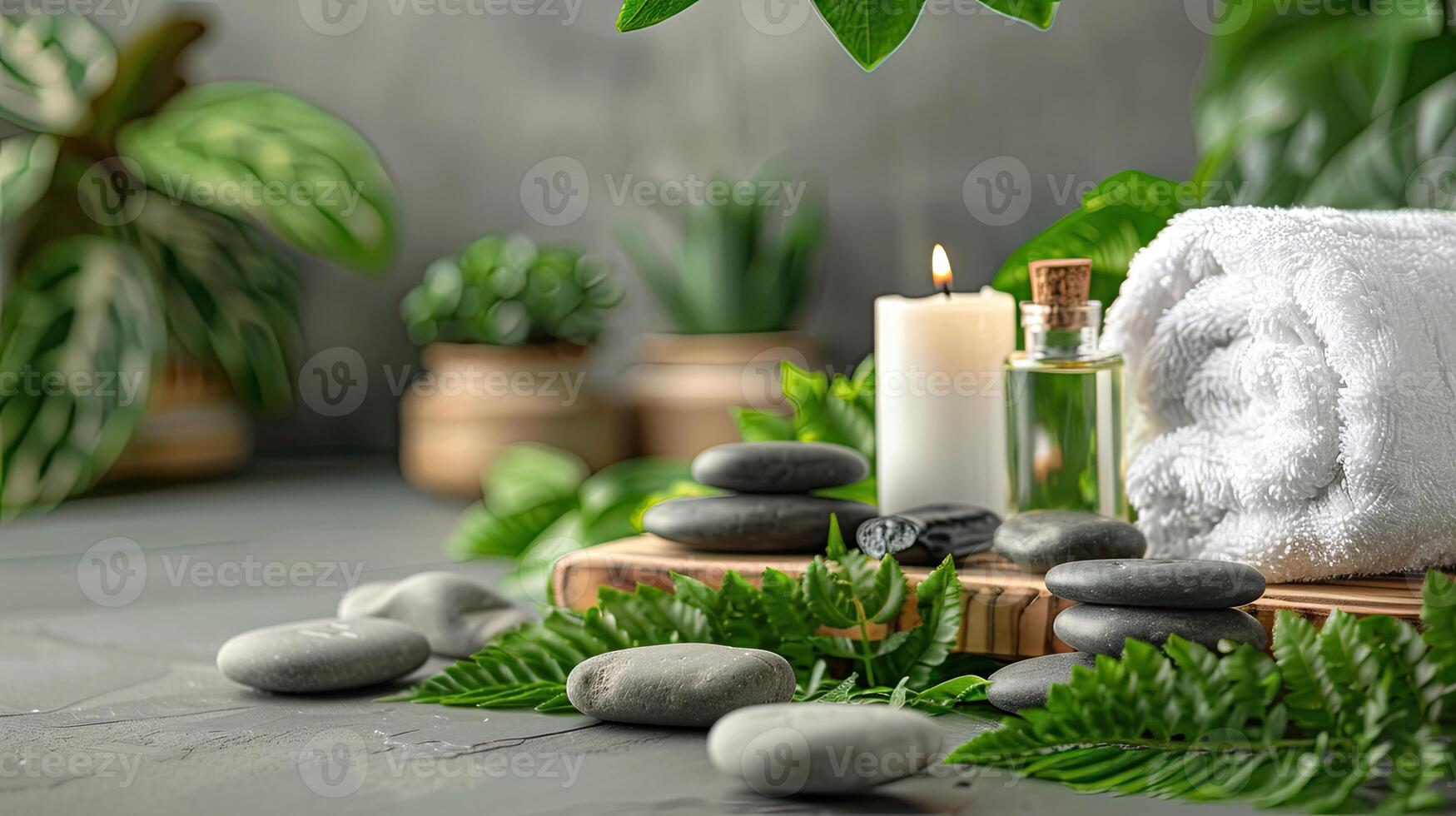 Spa accessories with candles and ferns photo