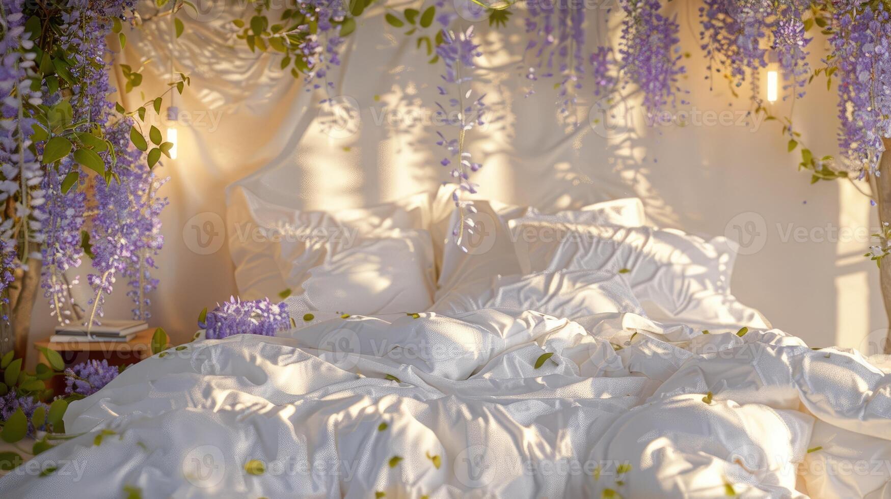 A bed with white sheets and flowers in the background photo