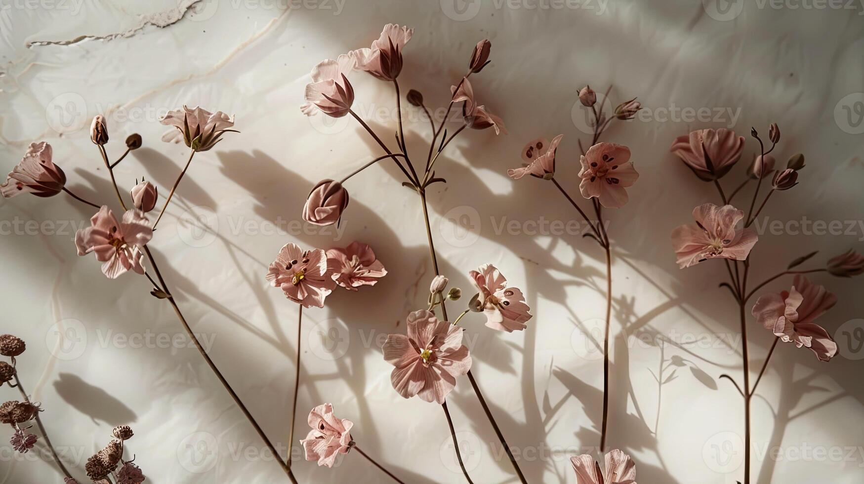 Pink flowers on a white marble surface photo