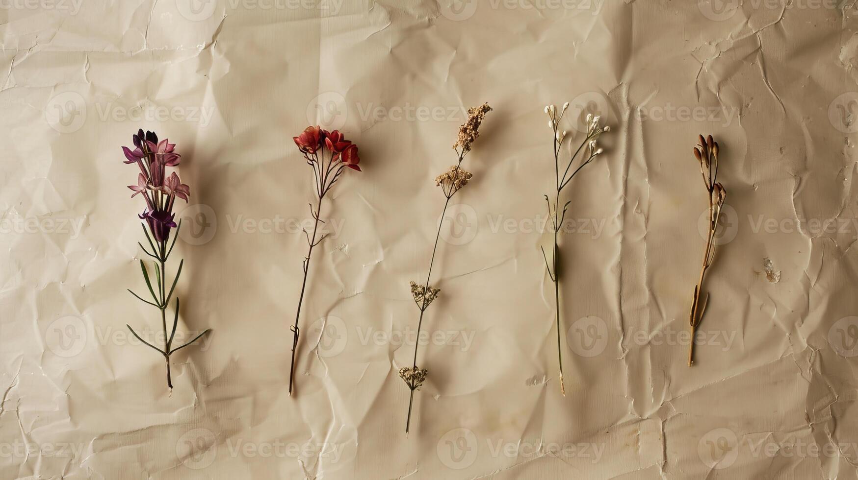 Five different types of dried flowers are arranged on a piece of paper photo