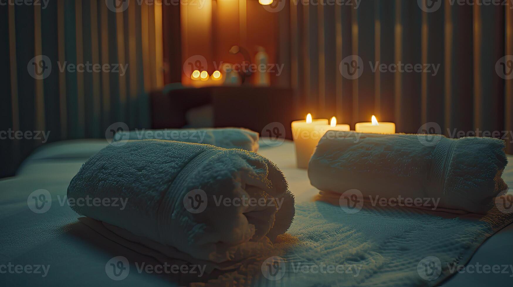 A massage table with candles and towels photo