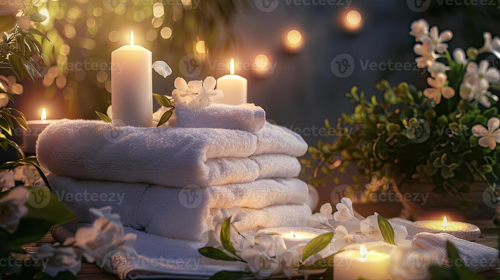 A candlelit table with towels and candles photo