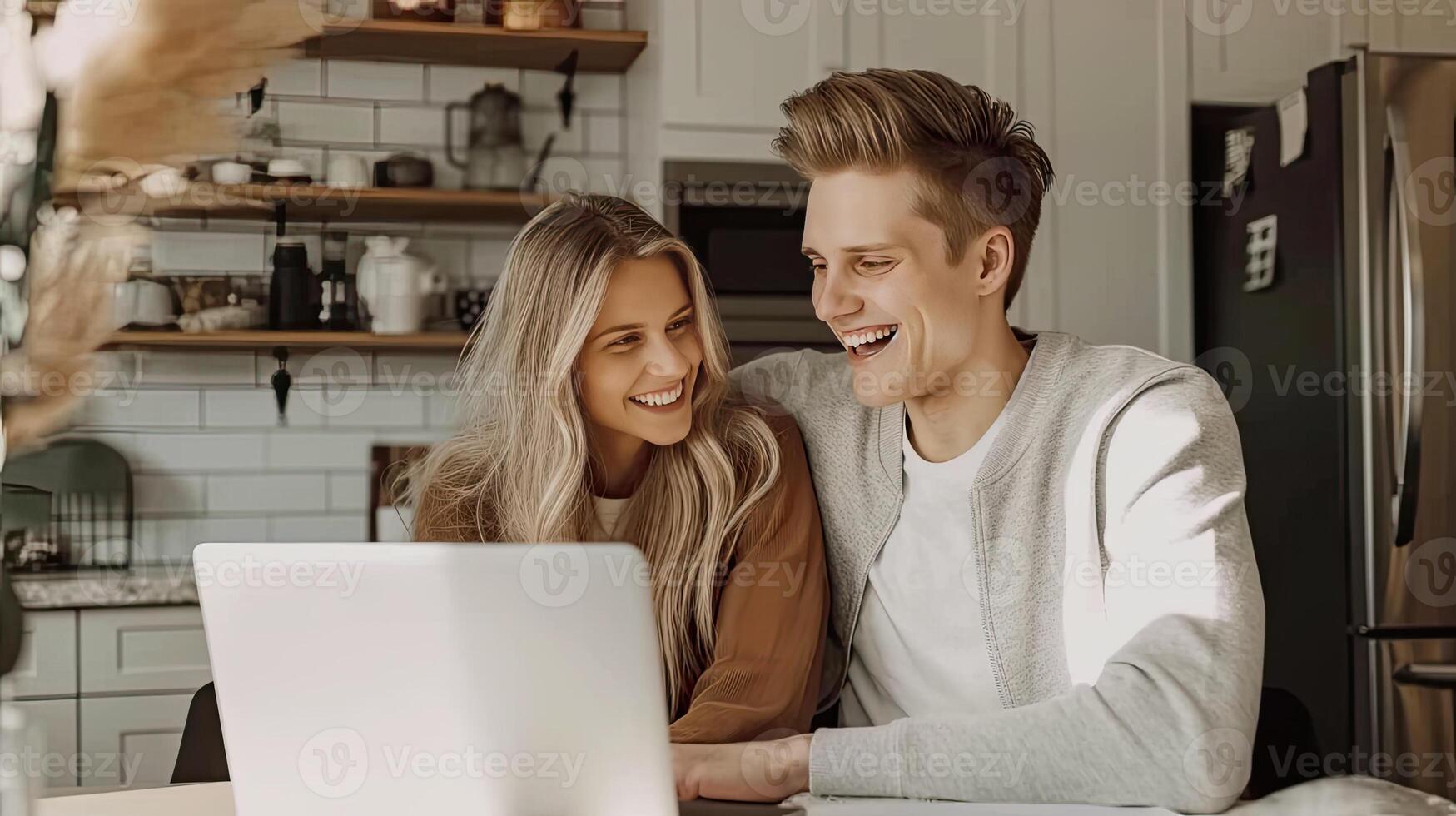A man and woman are smiling while looking at a laptop photo