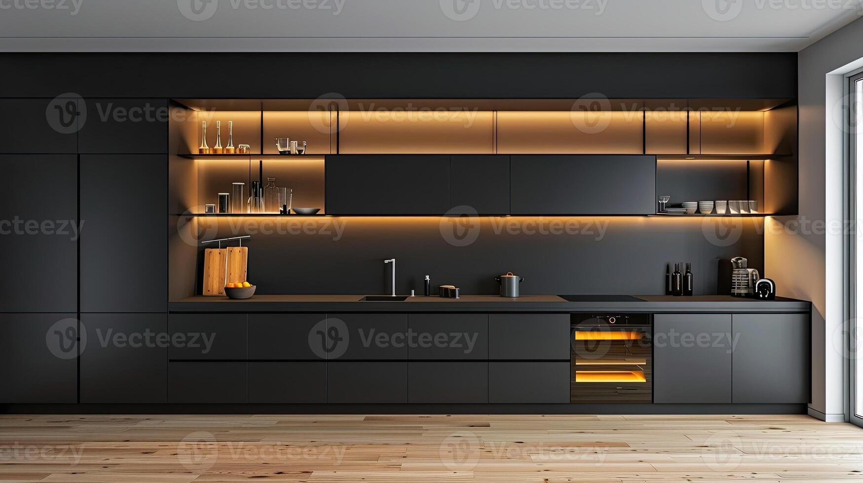 Black kitchen with yellow lighting and wooden floor photo