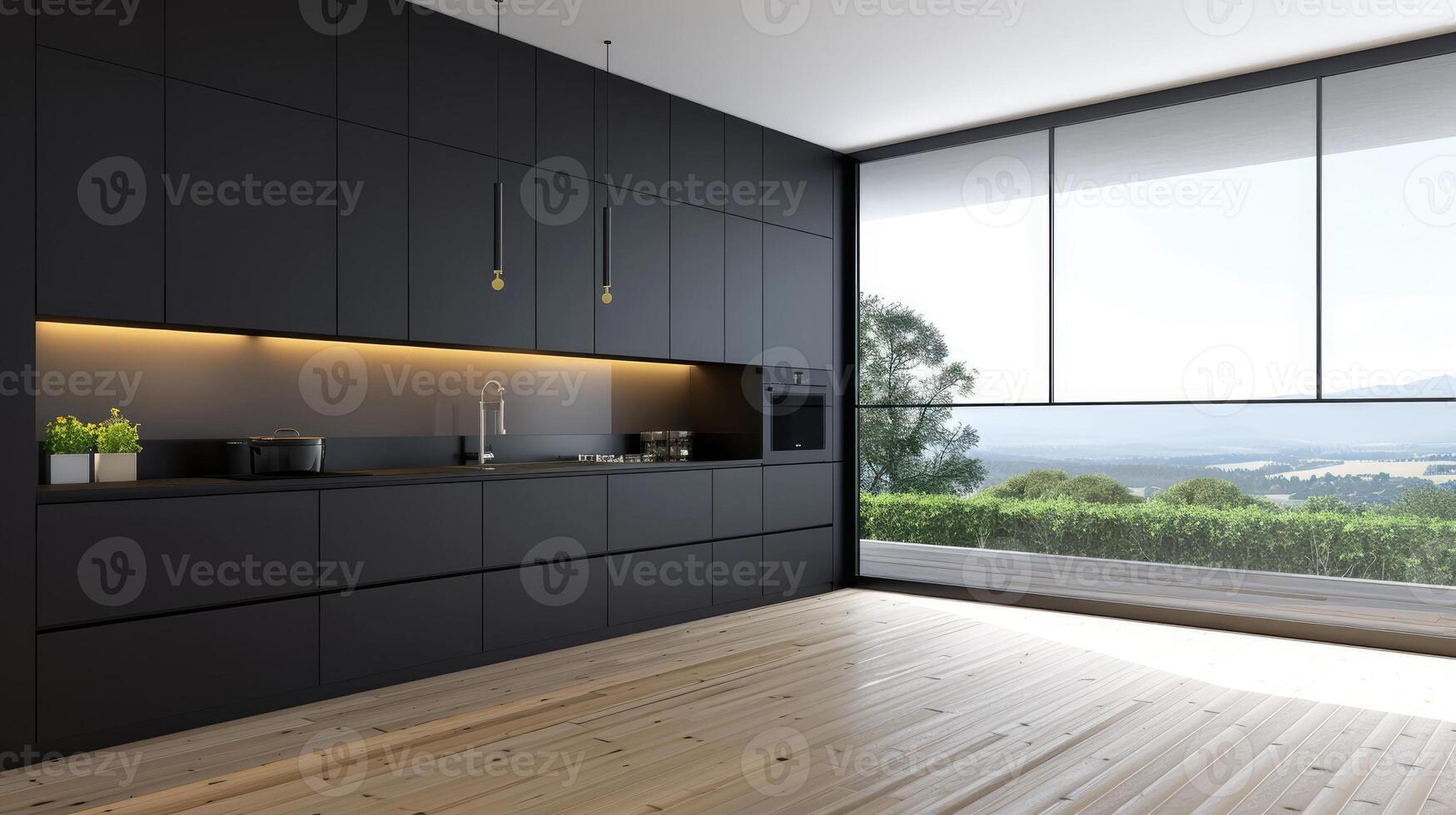 Modern kitchen with black cabinets and wooden floor photo