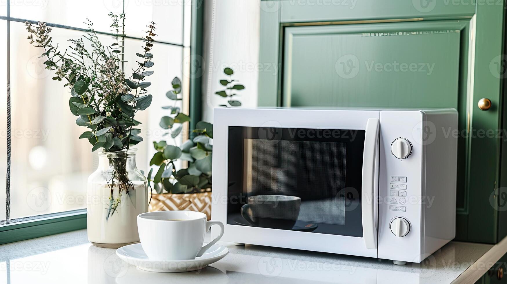 A microwave oven sits on a counter next to a cup of coffee photo