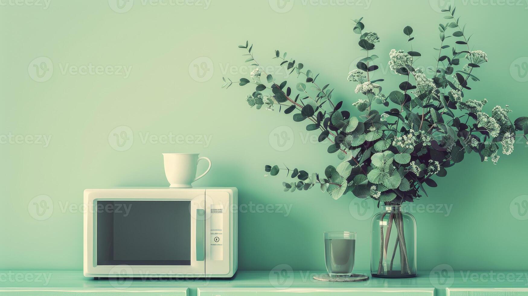 A microwave and a vase of flowers on a table photo