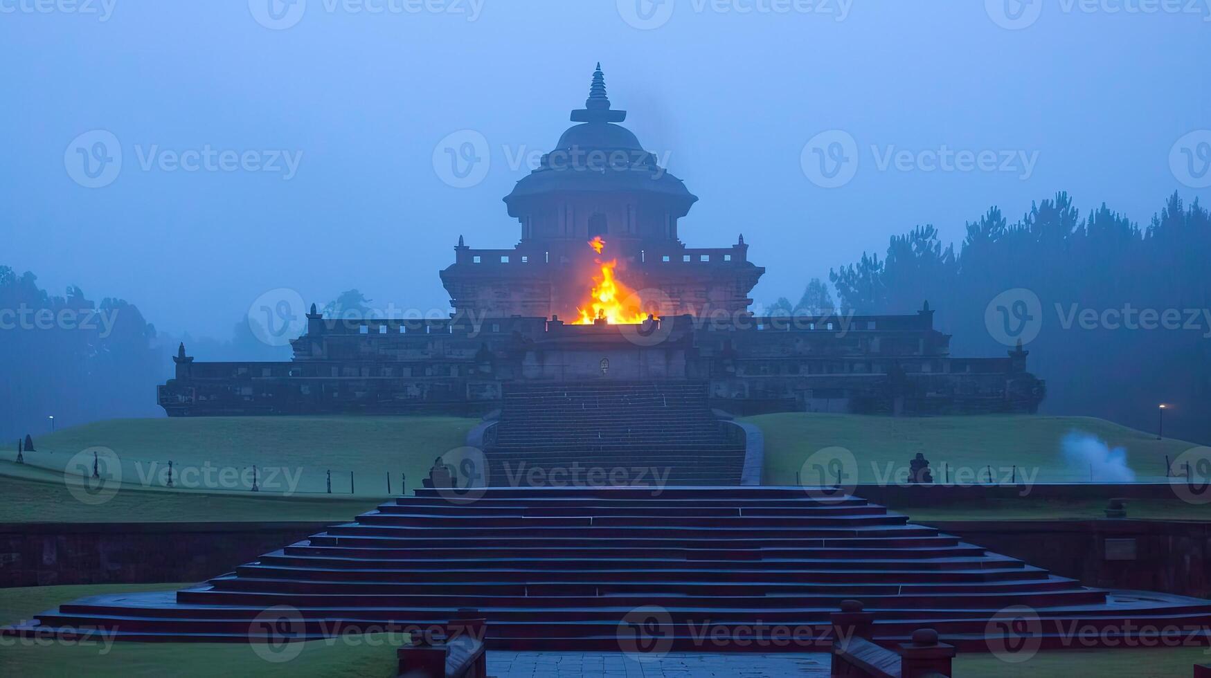 A large temple with a fire burning in the middle photo