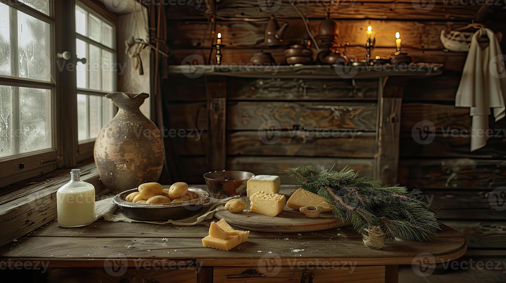 A table with cheese, butter, and a tree branch photo