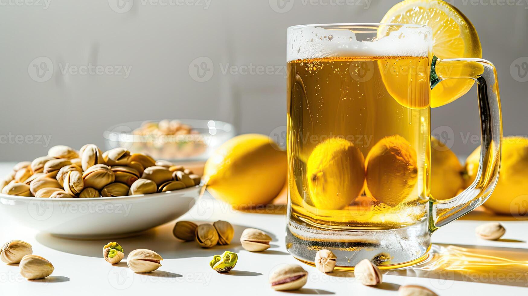 A glass of beer and nuts on a table photo