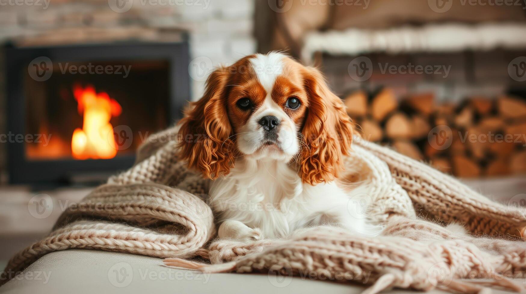 A dog wrapped in a blanket sitting on a couch photo