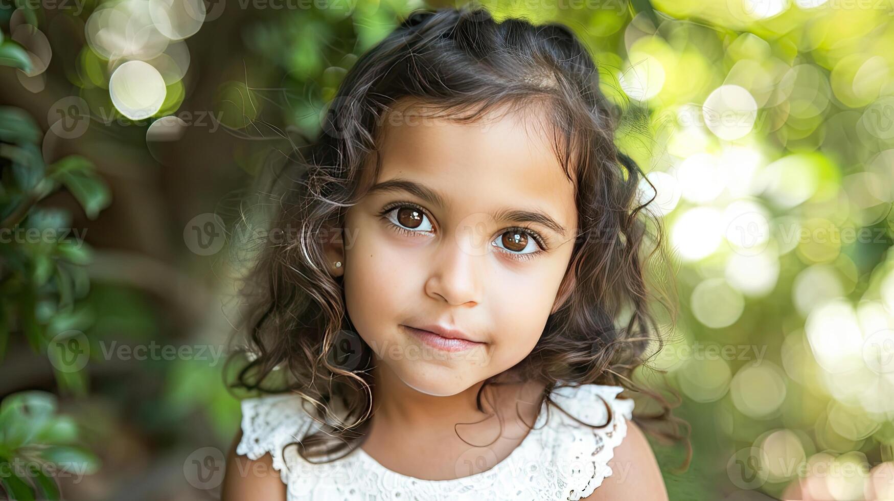 A young girl with curly hair and a white dress photo