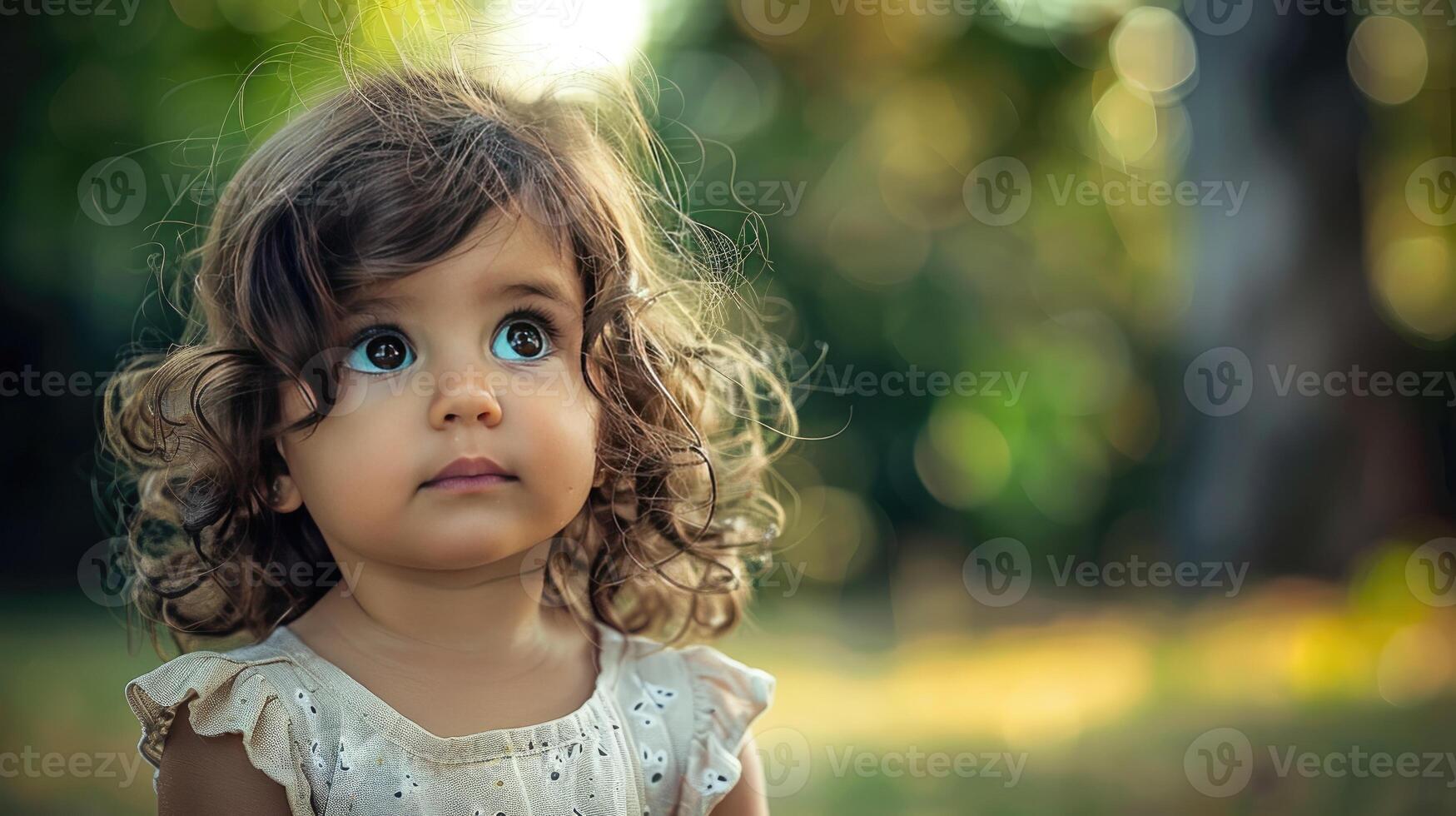 A little girl with curly hair looking up at the camera photo