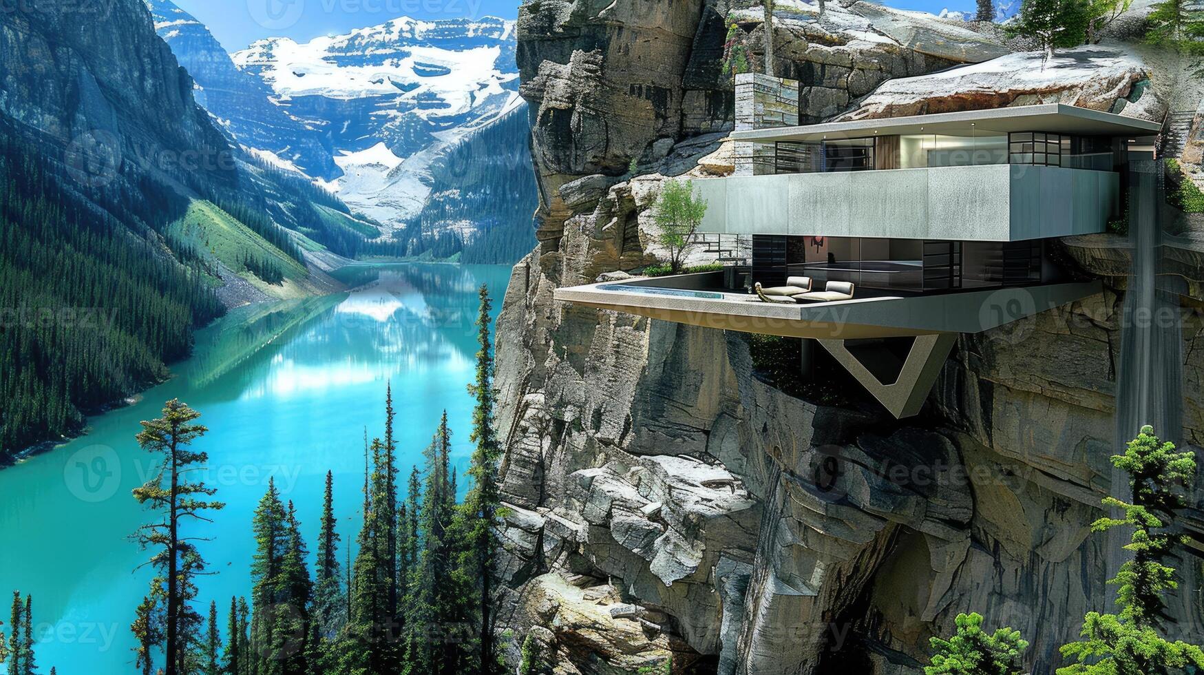 A house on top of a cliff overlooking a lake photo