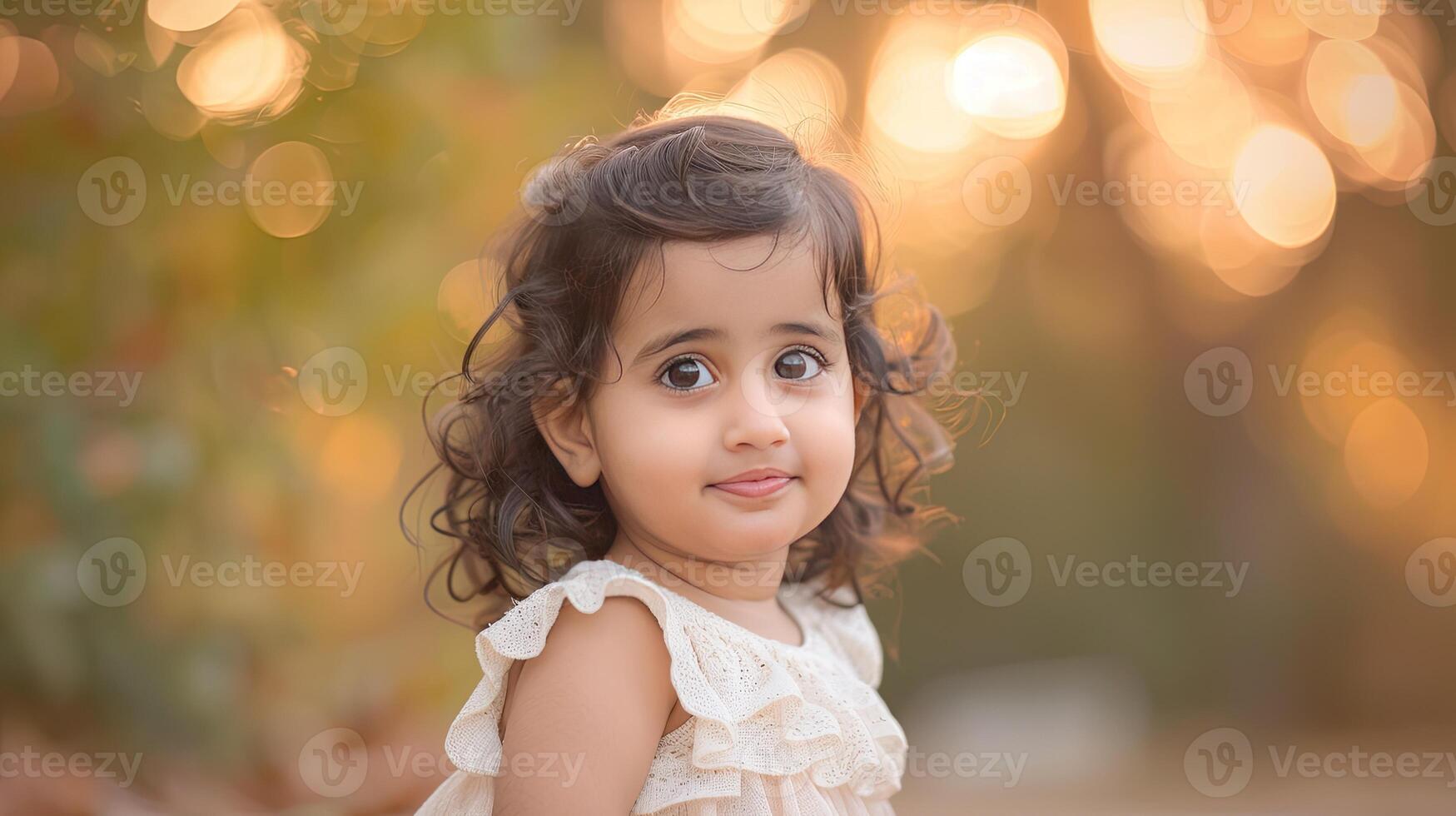 A little girl is smiling in front of a tree photo