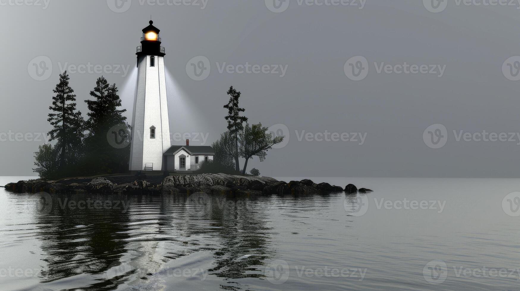 A lighthouse on an island with trees and water photo