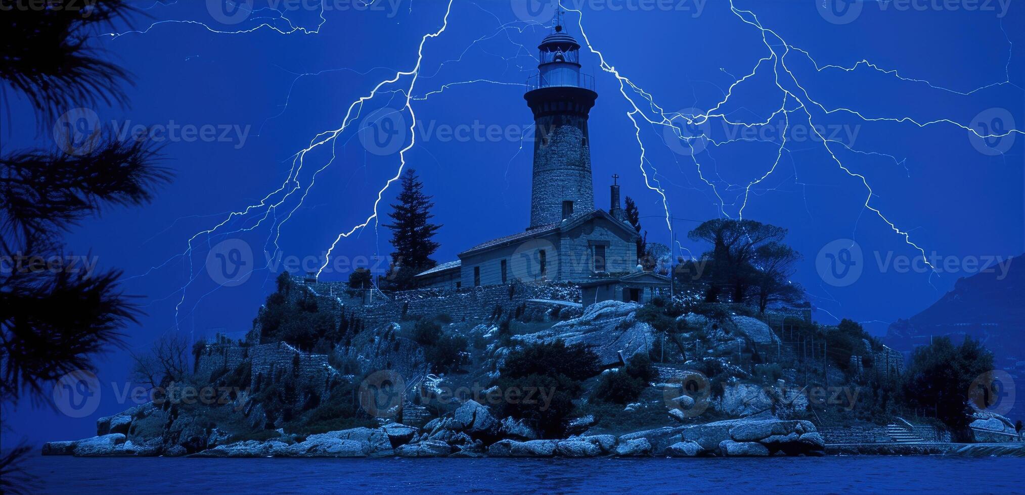 A lighthouse on a rocky island with lightning in the sky photo