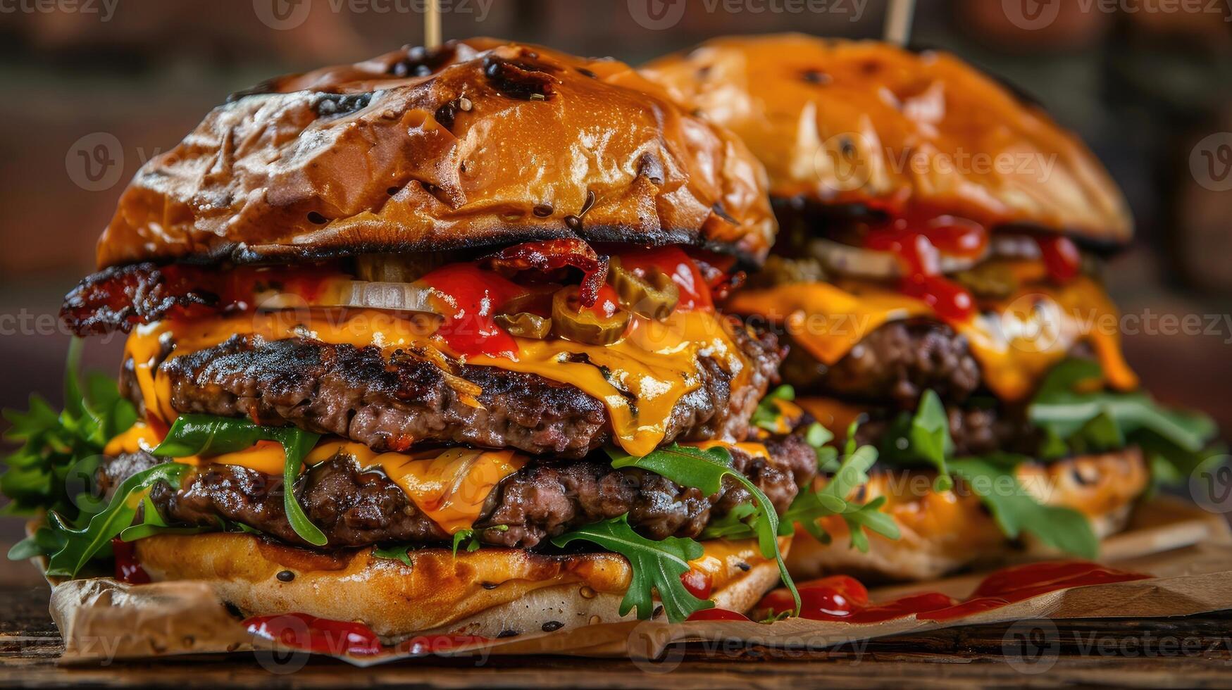 Two large hamburgers with cheese and bacon on top photo